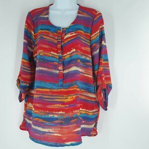 Truly 4 You MultiColor Womens Tunic Blouse Shirt Roll Up Long Sleeve Medium NWT